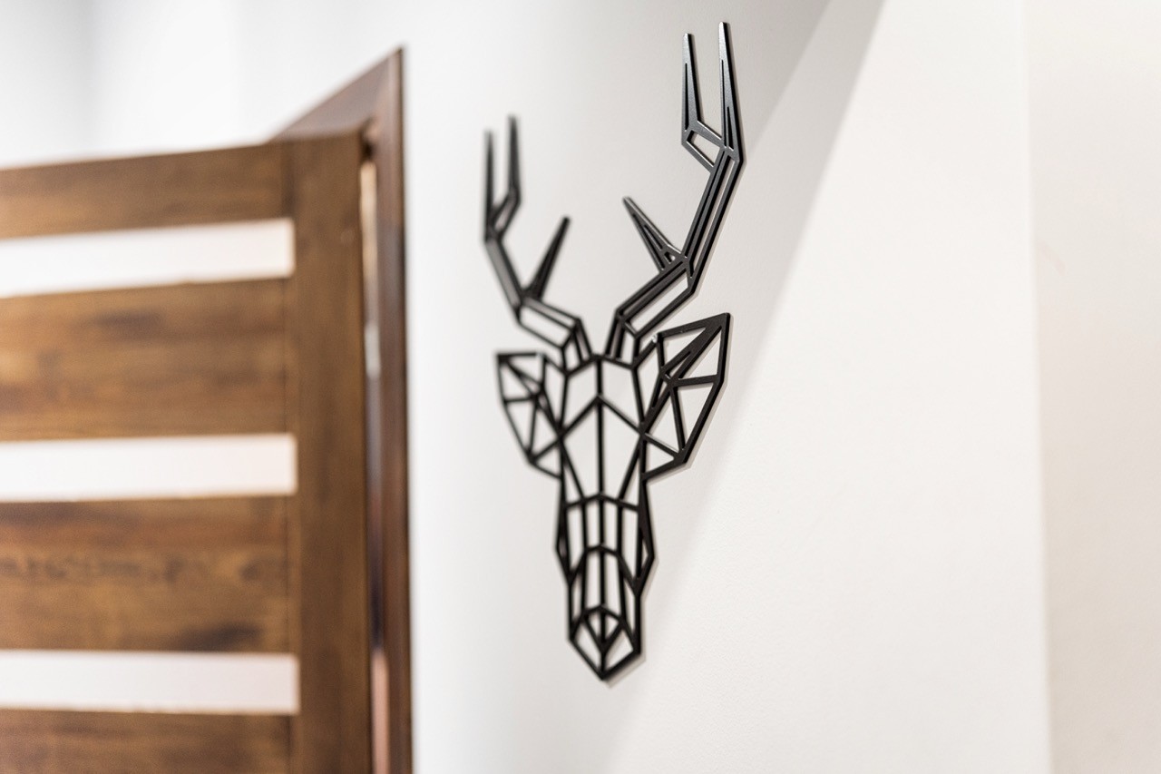 Dekoracja z sylwetką jelenia na ścianie apartamentu Halny