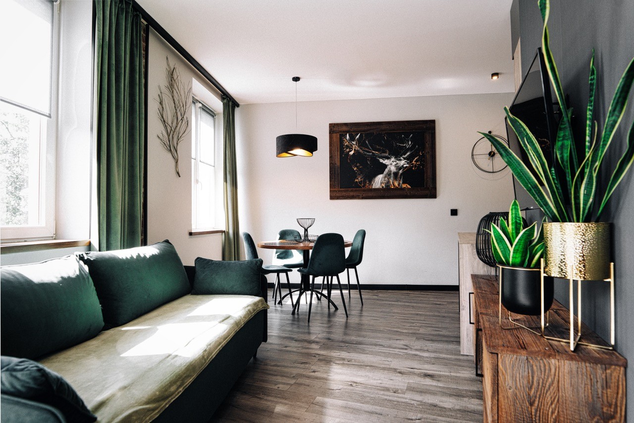 Salon apartamentu Rysy z zieloną sofą i kącikiem jadalnianym
