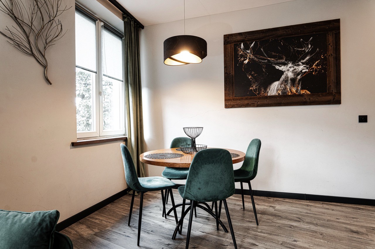 Stół jadalniany z zielonymi krzesłami przy oknie w apartamencie Rysy