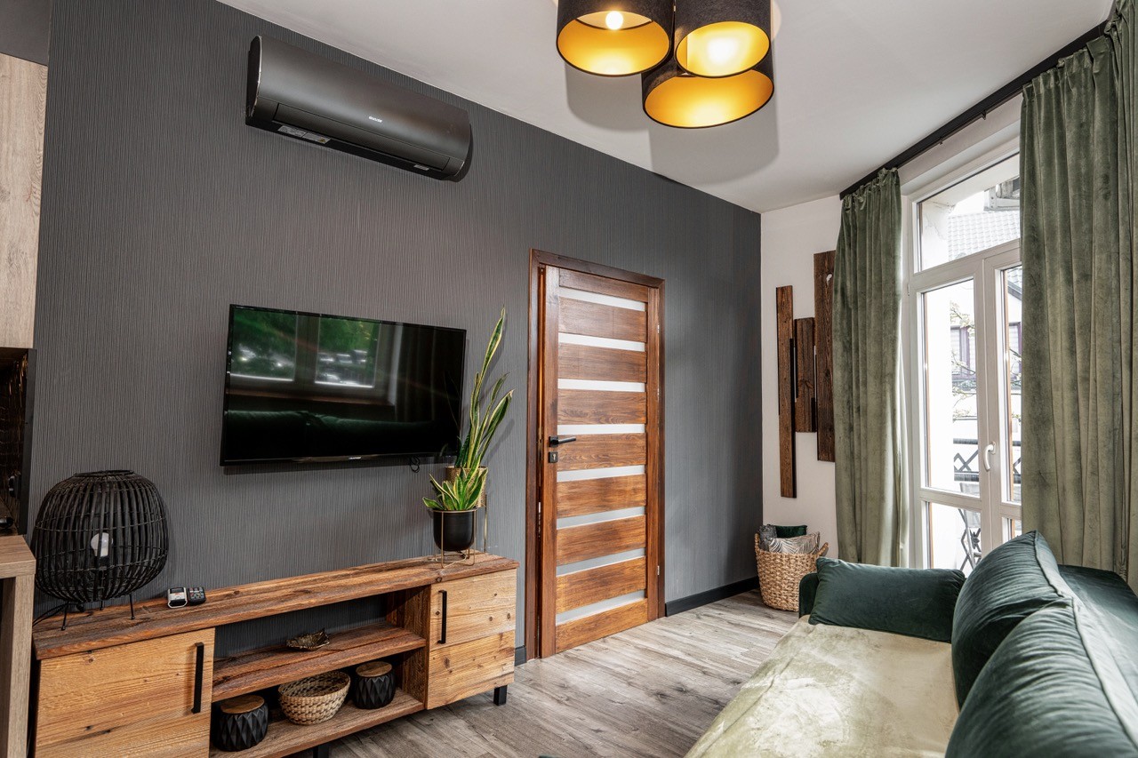 Telewizor i drewniana szafka w salonie apartamentu Rysy