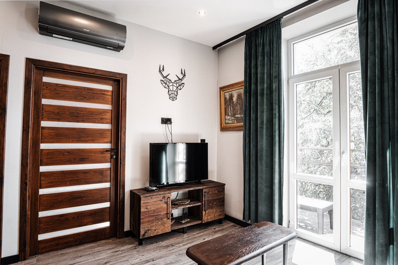 Telewizor i przeszklone wyjście na balkon w salonie apartamentu Watra