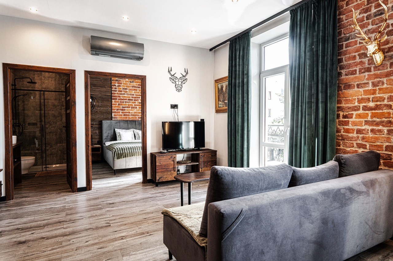 Salon apartamentu Watra z telewizorem i wejściem do sypialni